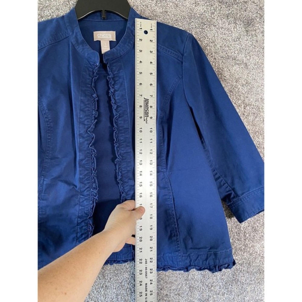 Chicos Jacket Womens Size 1 (Medium) Blue Blazer Ruffle‎ Open Front Preppy - Picture 10 of 13